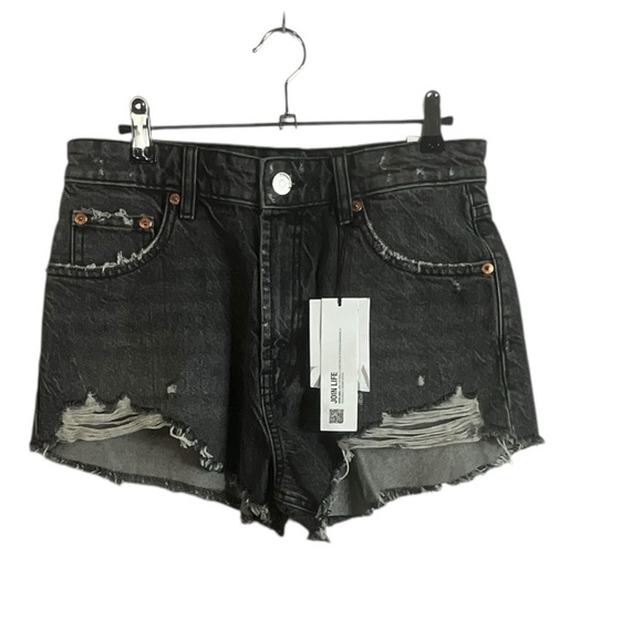 Zara Distressed Black Washed Raw Chewed Hem High Rise Denim Shorts - Picture 5 of 13